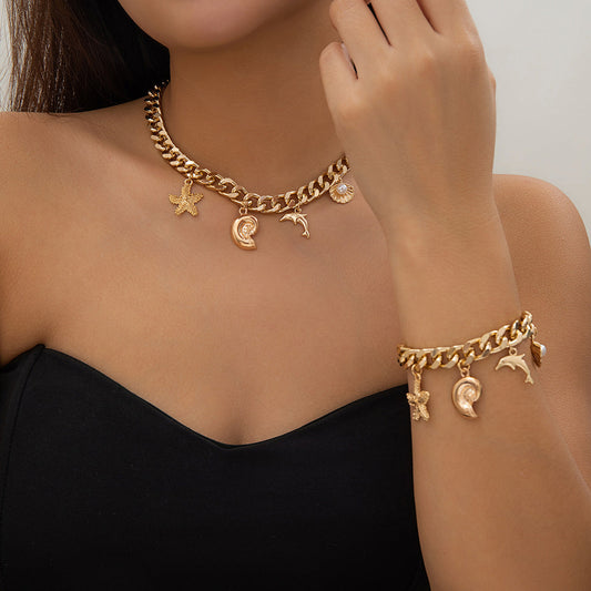 Boho Conch Dolphin Starfish Pendant Necklace & Bracelet Set – Trendy Vintage Jewelry for Women | AlinKriti hz4es6-6w