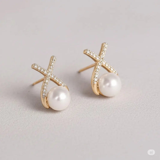 Elegant Korean studded cross pearl stud earrings in gold plating, featuring a chic design perfect for women’s fashion.