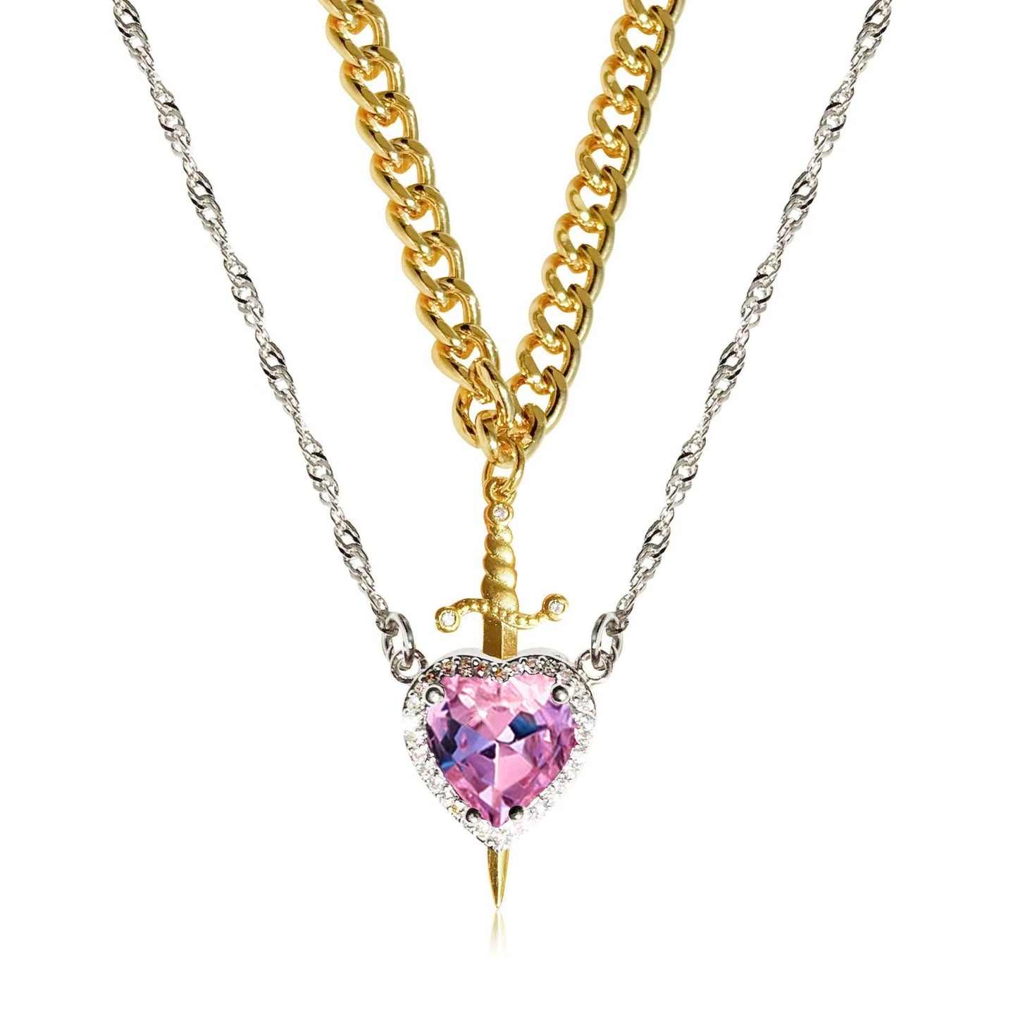 Heart & Sword Necklace Set – Gold Stainless Steel Crystal Couple Jewelry | AlinKriti hz4es6-6w