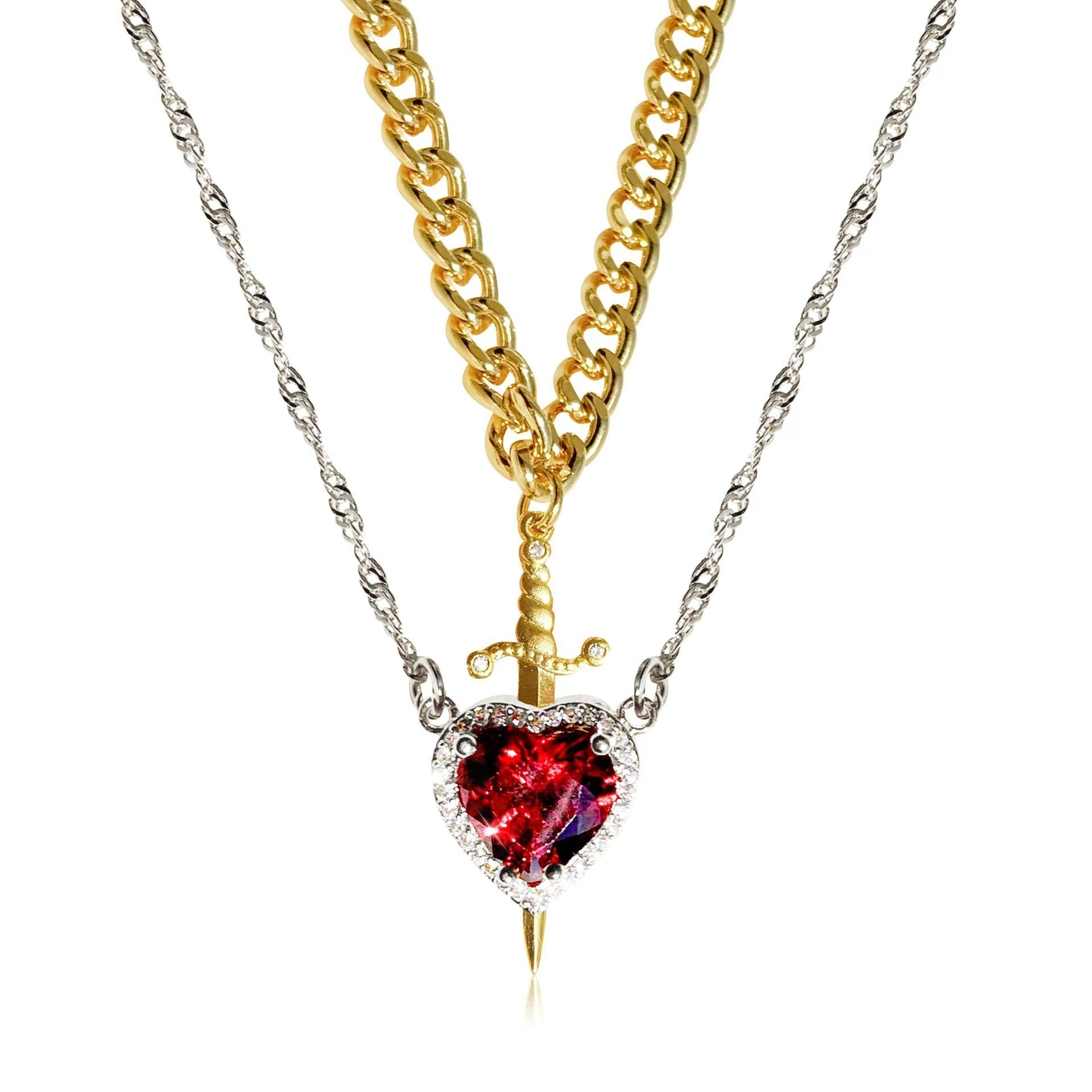 Heart & Sword Necklace Set – Gold Stainless Steel Crystal Couple Jewelry | AlinKriti hz4es6-6w