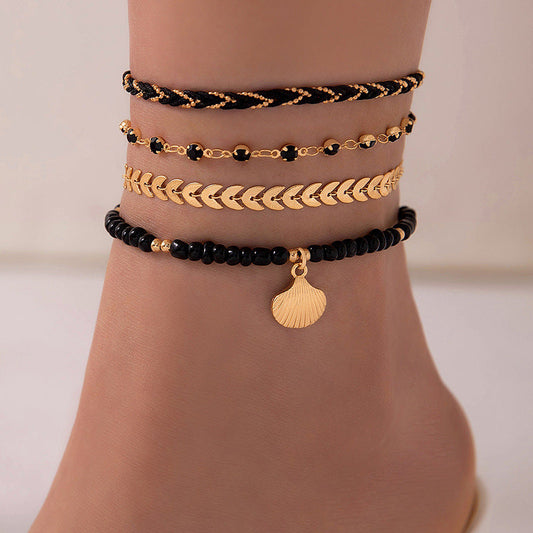Bohemian Woven Foot Chain Set – 4pcs Geometric Black Bead Anklets for Men & Women | AlinKriti hz4es6-6w