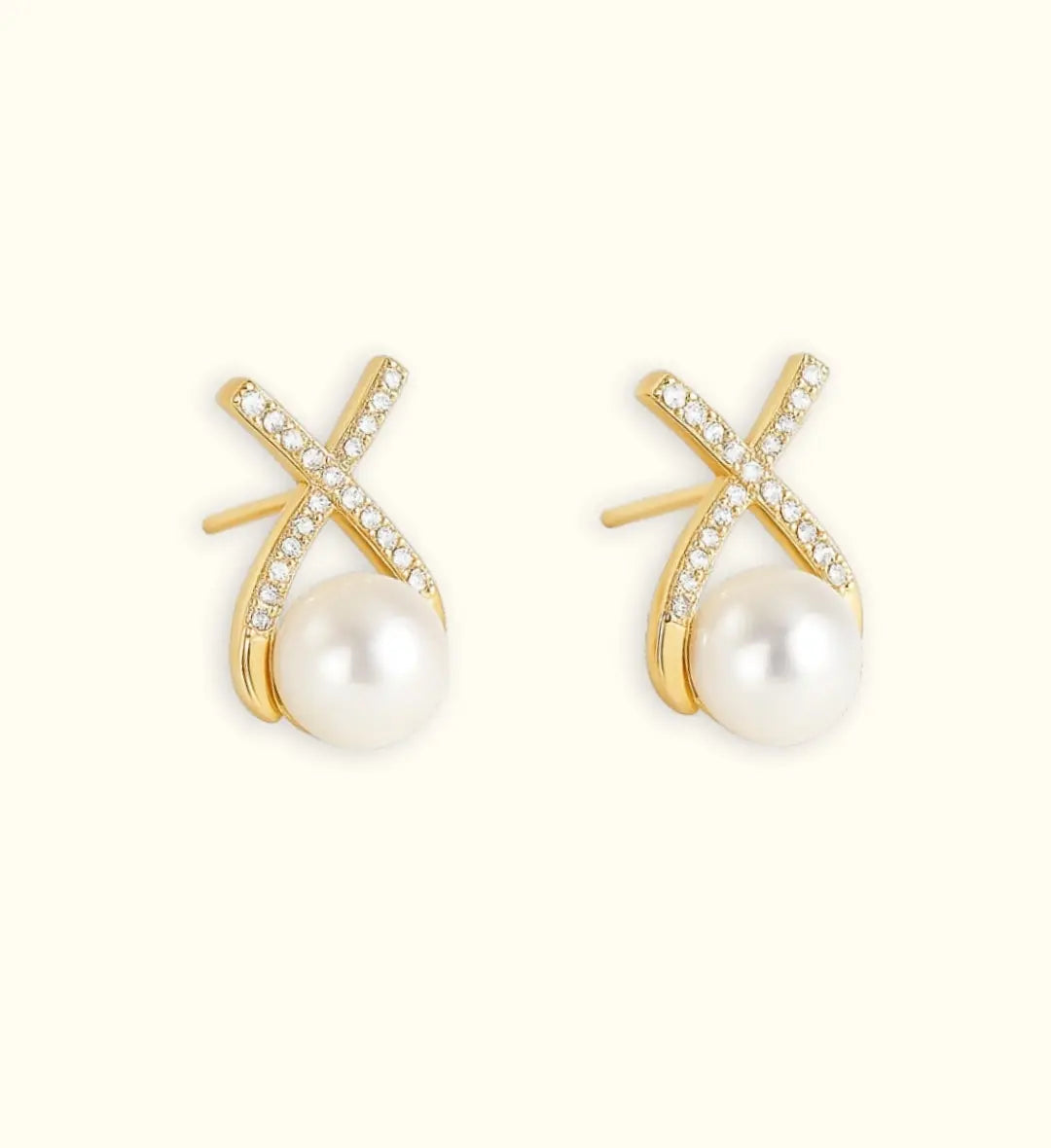 Elegant Korean studded cross pearl stud earrings in gold plating, showcasing a stylish Western design for women.