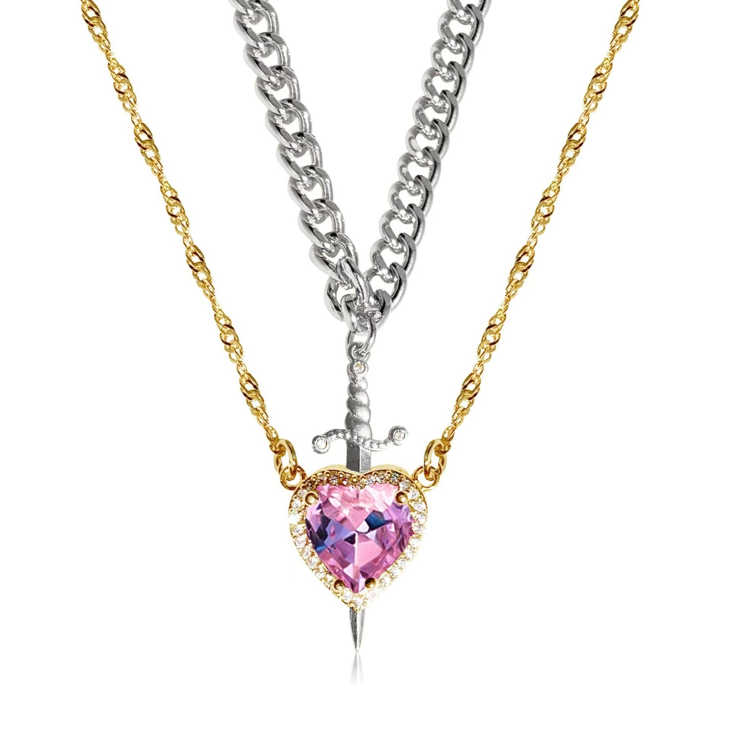 Heart & Sword Necklace Set – Gold Stainless Steel Crystal Couple Jewelry | AlinKriti hz4es6-6w