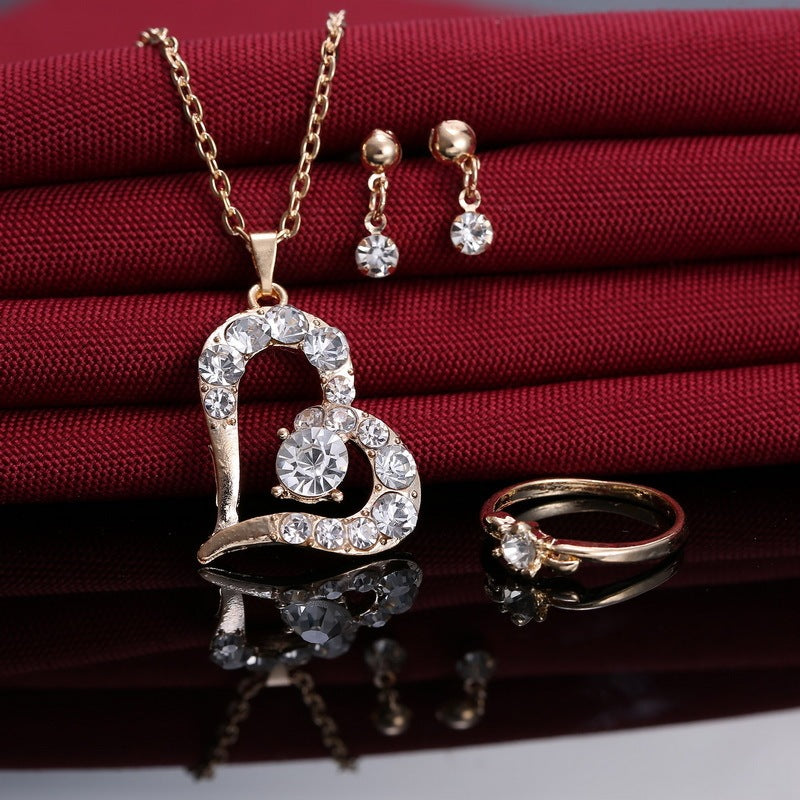 Heart Pendant Jewelry Set | Rhinestone Necklace, Earrings & Ring for Women | AlinKriti hz4es6-6w
