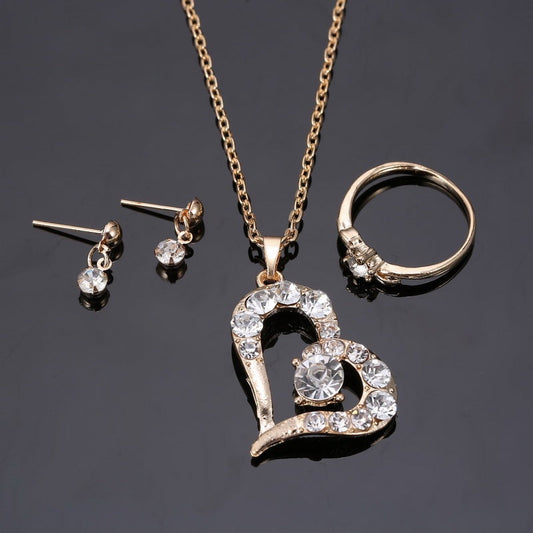 Heart Pendant Jewelry Set | Rhinestone Necklace, Earrings & Ring for Women | AlinKriti hz4es6-6w