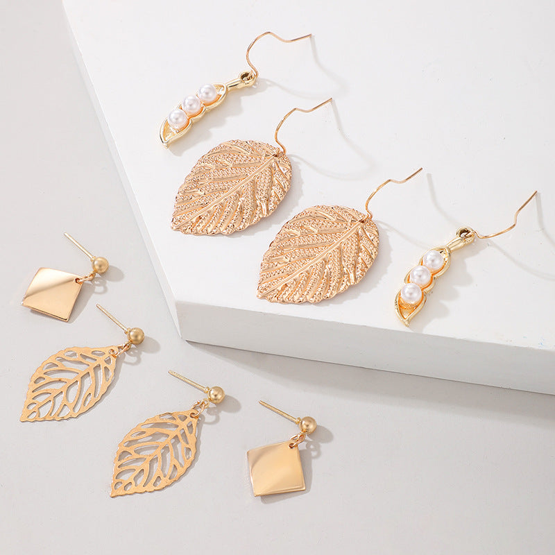 Textured Vintage Golden Leaf Earring Earring Set hz4es6-6w