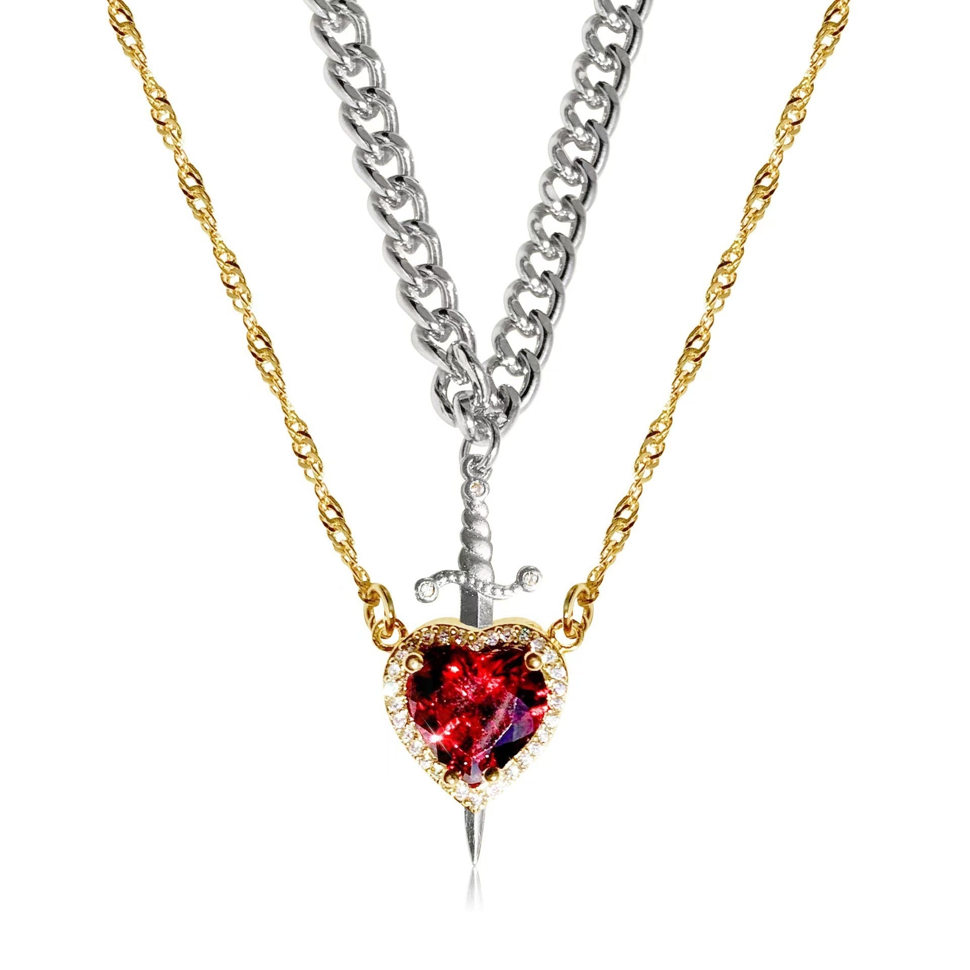 Heart & Sword Necklace Set – Gold Stainless Steel Crystal Couple Jewelry | AlinKriti hz4es6-6w