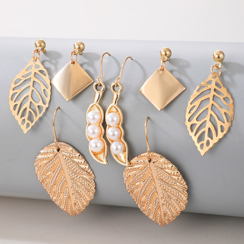 Textured Vintage Golden Leaf Earring Earring Set hz4es6-6w