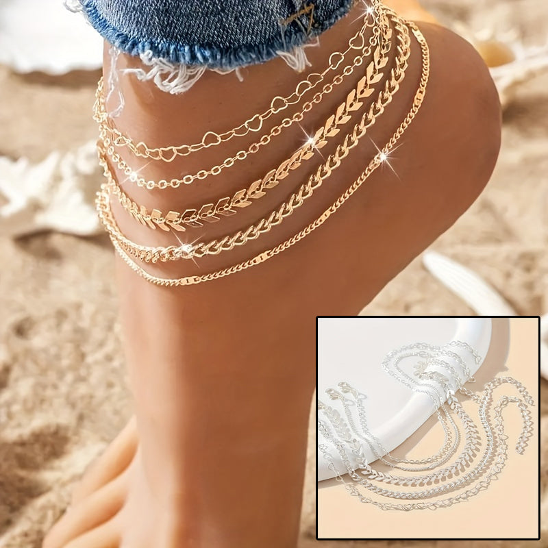 Bohemian Airplane Chain Anklets – 5Pcs Heart-Shaped Fashion Set for Women | AlinKriti hz4es6-6w