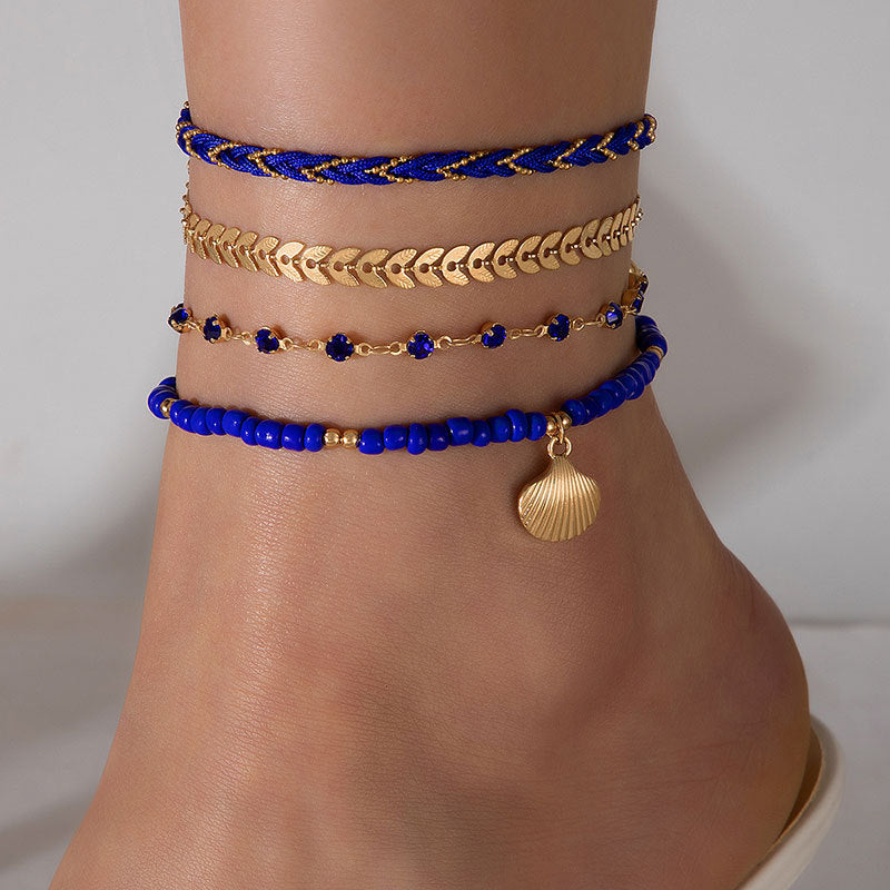 Bohemian Woven Foot Chain Set – 4pcs Geometric Black Bead Anklets for Men & Women | AlinKriti hz4es6-6w