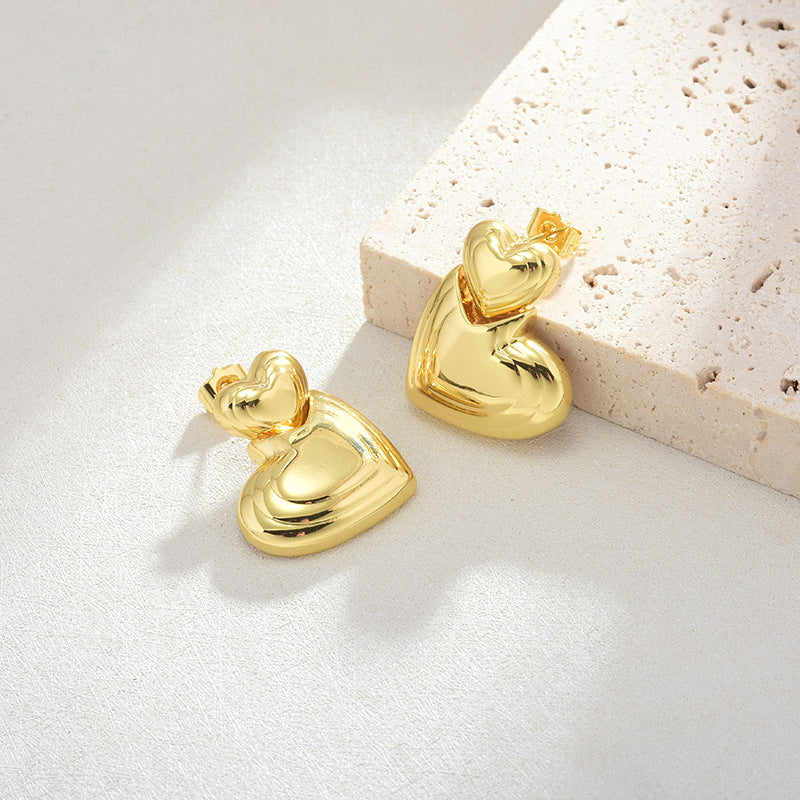 Retro-Style Gold-Plated Double Heart Earrings for Women