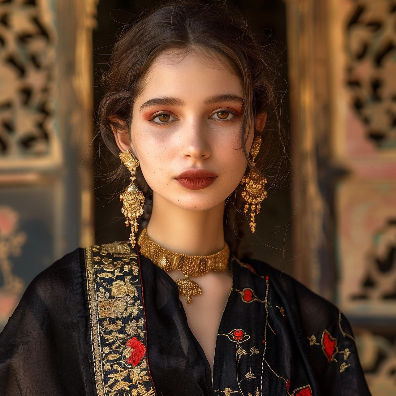 Woman wearing traditional attire with intricate designs and jewelry against a decorative background