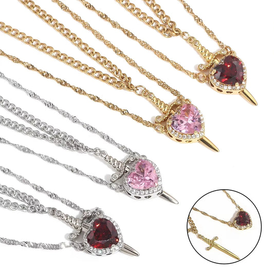 “Gold Heart & Sword Couple Necklace Set with Crystal Detail – Stainless Steel Gift for Boyfriend & Girlfriend”