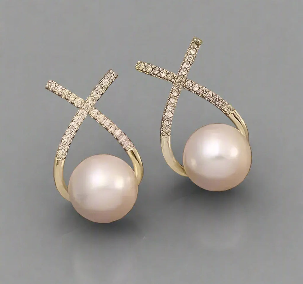 Elegant Korean studded cross pearl stud earrings in gold plating, showcasing a chic design perfect for women’s fashion.