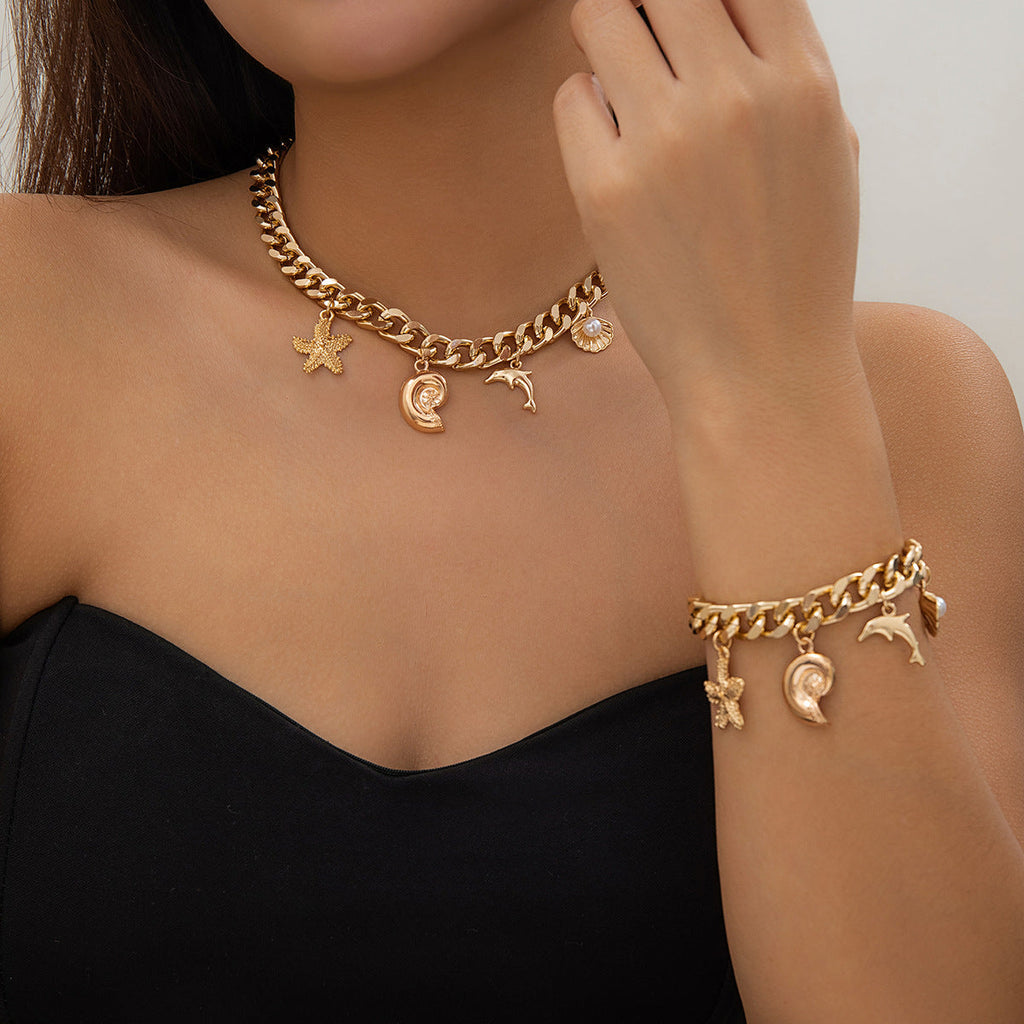Boho Conch Dolphin Starfish Pendant Necklace & Bracelet Set – Trendy Vintage Jewelry for Women | AlinKriti hz4es6-6w