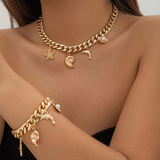 Boho Conch Dolphin Starfish Pendant Necklace & Bracelet Set – Trendy Vintage Jewelry for Women | AlinKriti hz4es6-6w