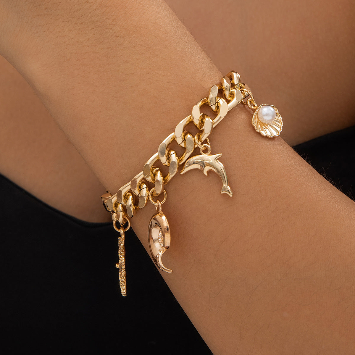Boho Conch Dolphin Starfish Pendant Necklace & Bracelet Set – Trendy Vintage Jewelry for Women | AlinKriti hz4es6-6w