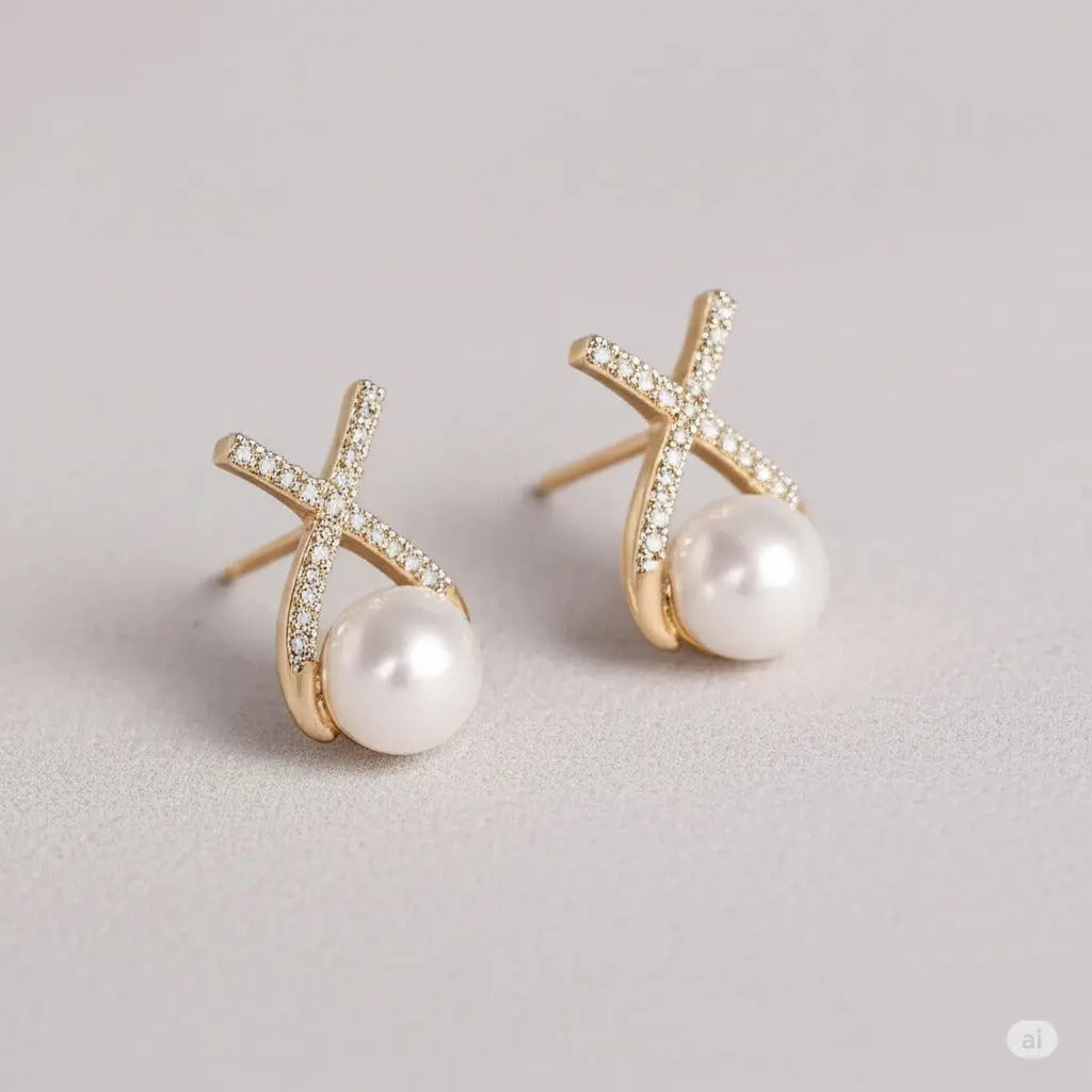Elegant Korean studded cross pearl stud earrings in gold plating, featuring a chic design perfect for women’s fashion.