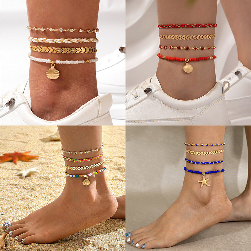 Bohemian Woven Foot Chain Set – 4pcs Geometric Black Bead Anklets for Men & Women | AlinKriti hz4es6-6w