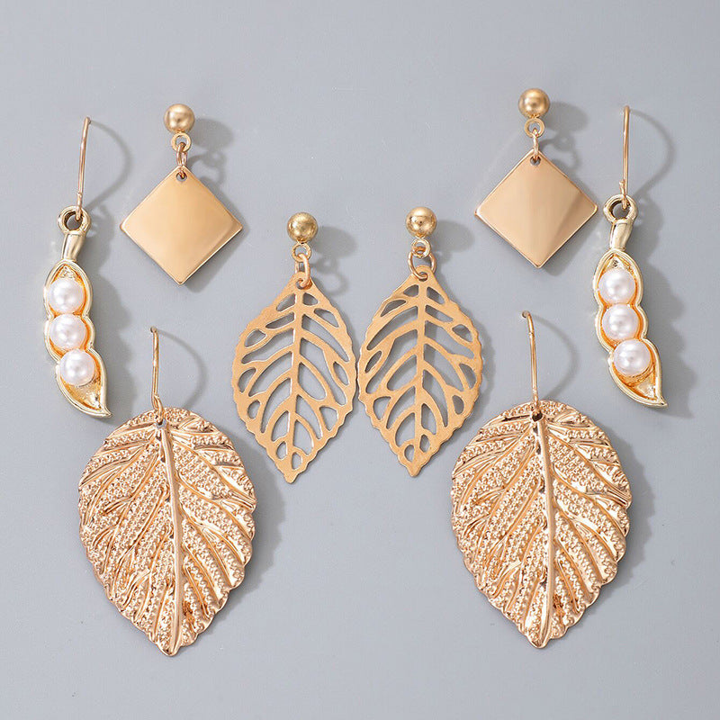 Textured Vintage Golden Leaf Earring Earring Set hz4es6-6w