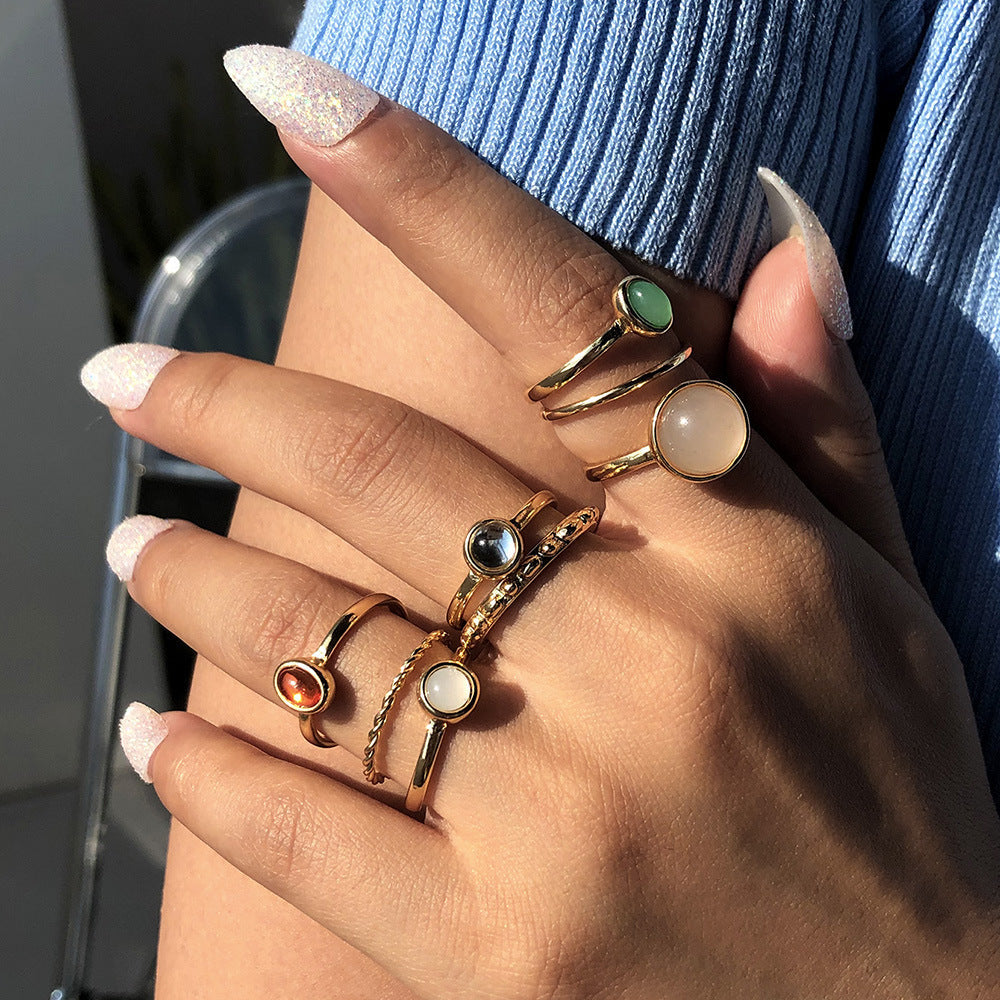 Colorful Stone Metallic Finger Rings – Joint Combination Rings for Women & Girls | Multi-Design Set | AlinKriti hz4es6-6w