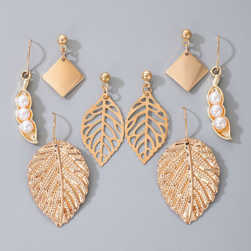 Textured Vintage Golden Leaf Earring Earring Set hz4es6-6w
