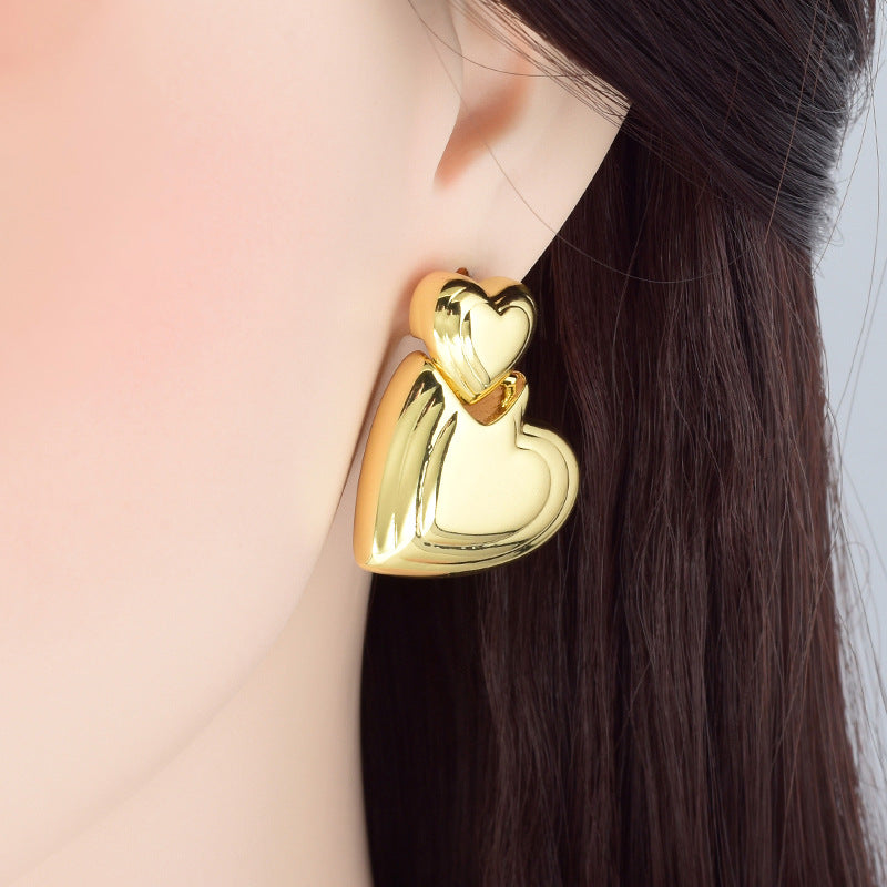 Retro-Style Gold-Plated Double Heart Earrings for Women