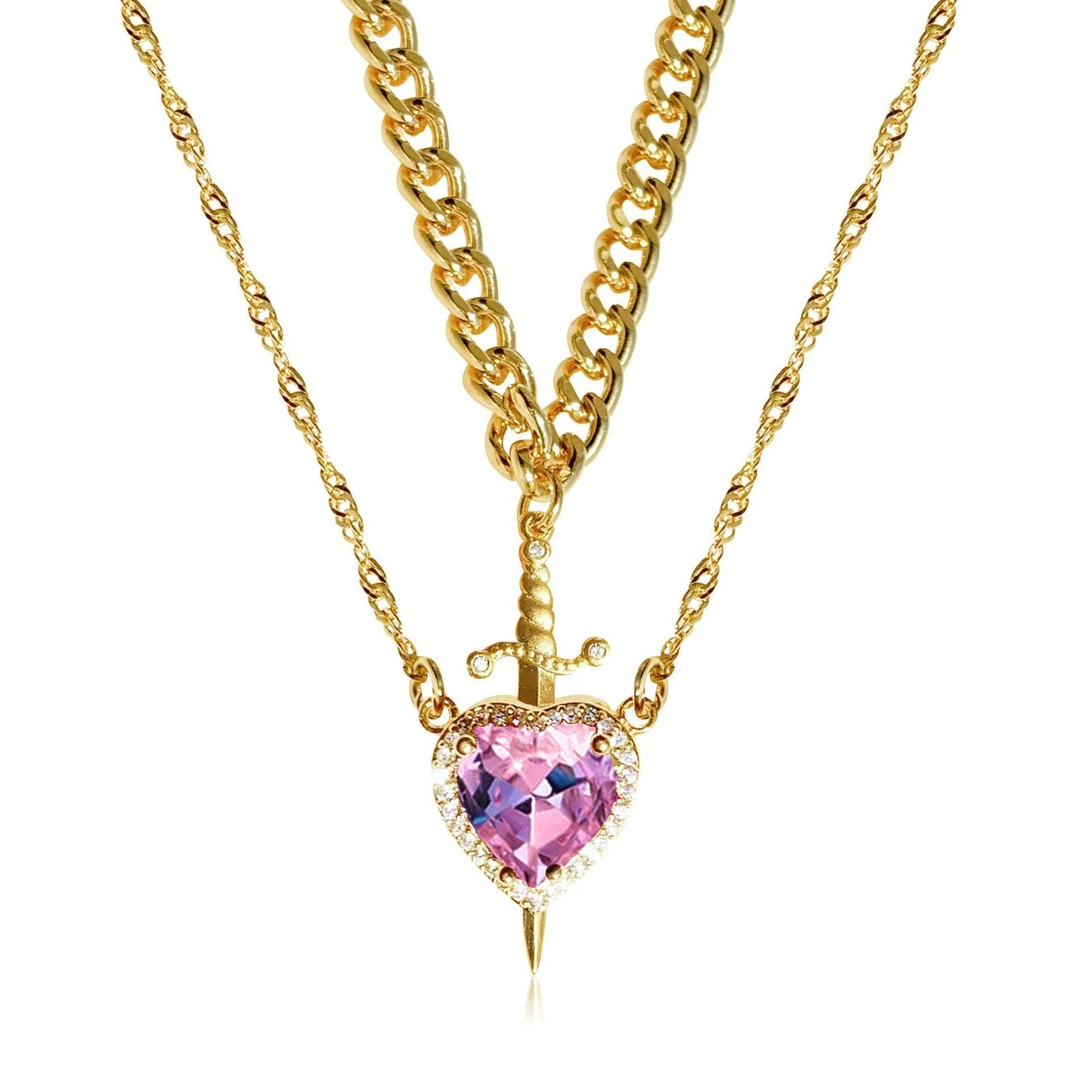 Heart & Sword Necklace Set – Gold Stainless Steel Crystal Couple Jewelry | AlinKriti hz4es6-6w