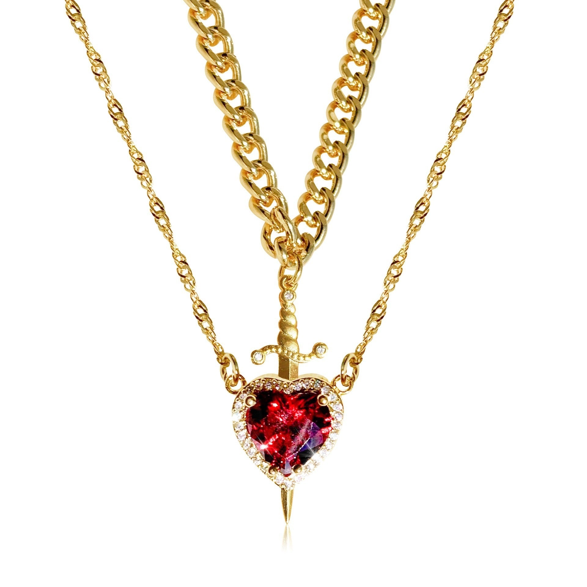 Heart & Sword Necklace Set – Gold Stainless Steel Crystal Couple Jewelry | AlinKriti hz4es6-6w