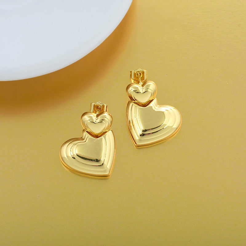 Retro-Style Gold-Plated Double Heart Earrings for Women
