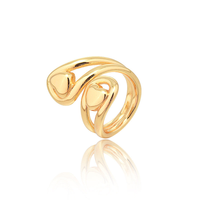 Retro double heart adjustable gold ring